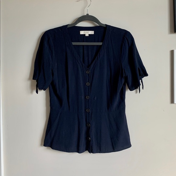 LOFT Navy Blue Tie-sleeve Top - Picture 2 of 4